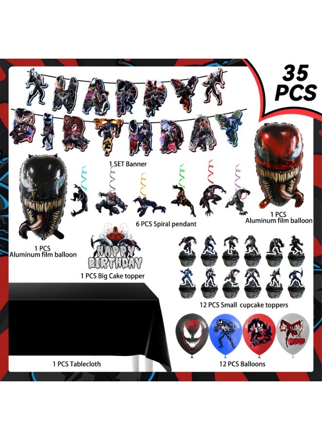 ILovhaprty Venom Birthday Party Decorations, 35pcs Venom Decoration Set - Venom Balloons Banner Tablecloth Cupcake Toppers etc Venom Birthday Party Supplies - Image 3